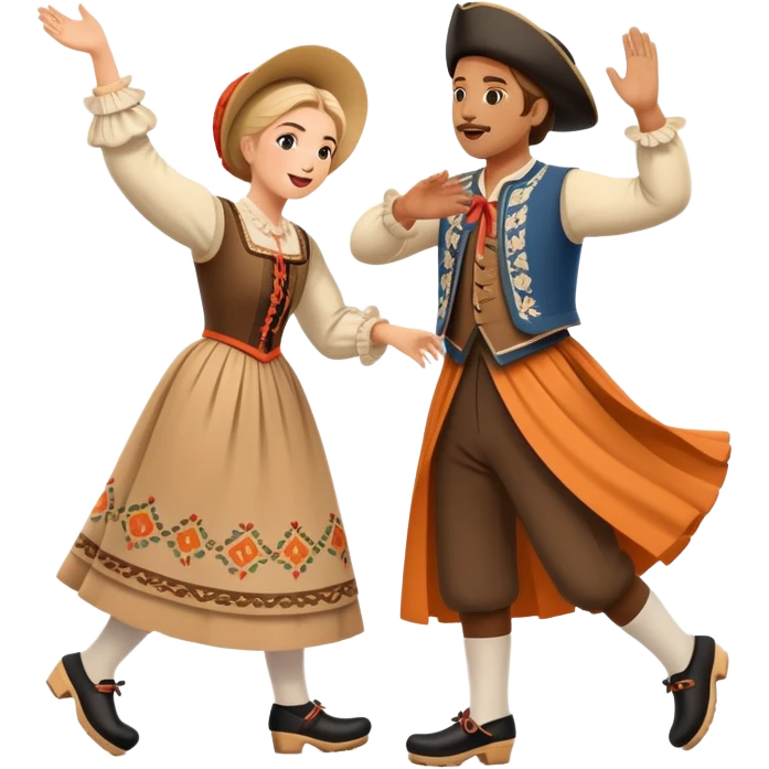 cinematic-realistic-scene-of-two-performers-executing-the-klompendans,-dressed-in-traditional-dutch-costumes-complete-with-wooden-clogs-and-detailed-folk-patterns,-captured-in-lively-motion-with-soft,-natural-lighting emoji