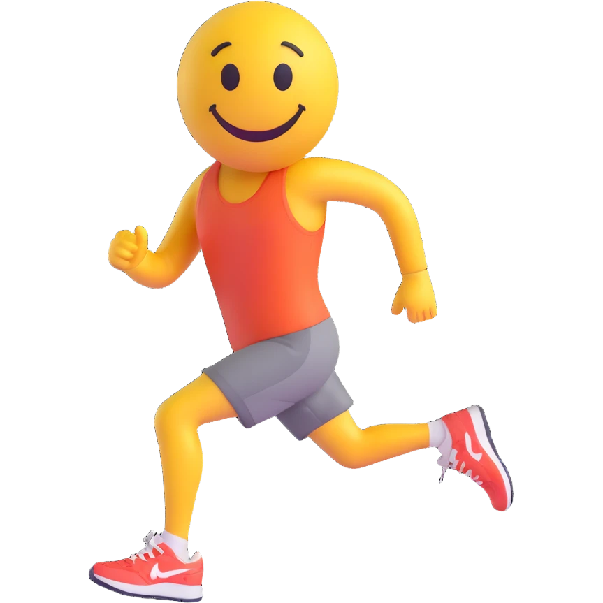3D smiley emoji, round shape, wearing running shoes and race number, sporty face emoji