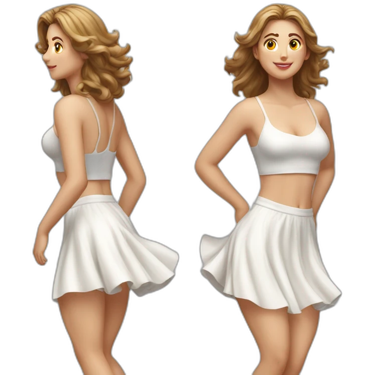 Hyperrealistic Full body Caucasian curvy beauty jumping white skirt back and front views strong wind emoji