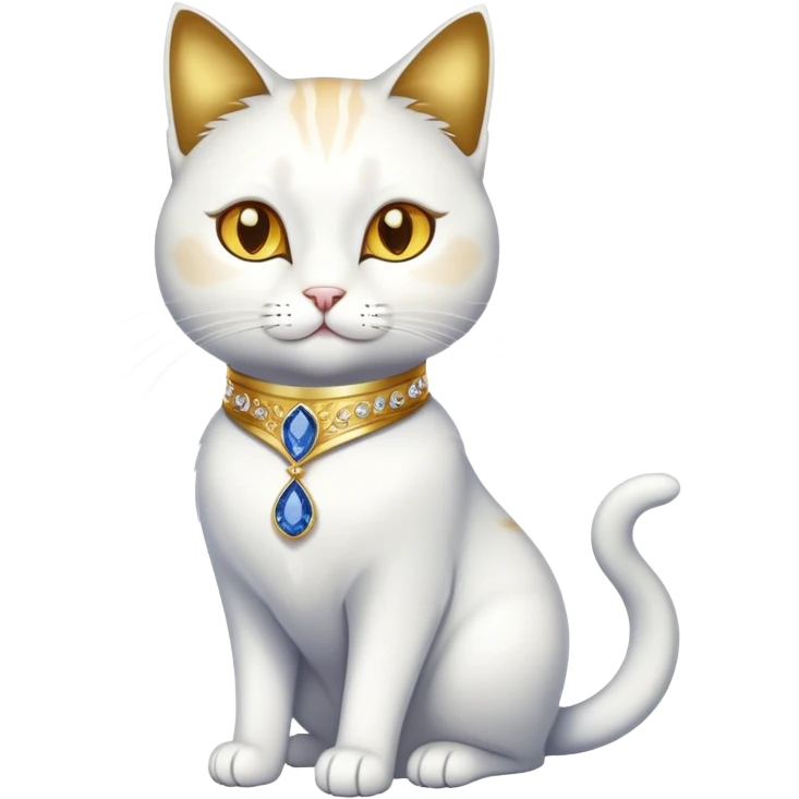 Fancy white sophisticated elegant sitting pet cat with a gold-sapphire collar (full body)  emoji