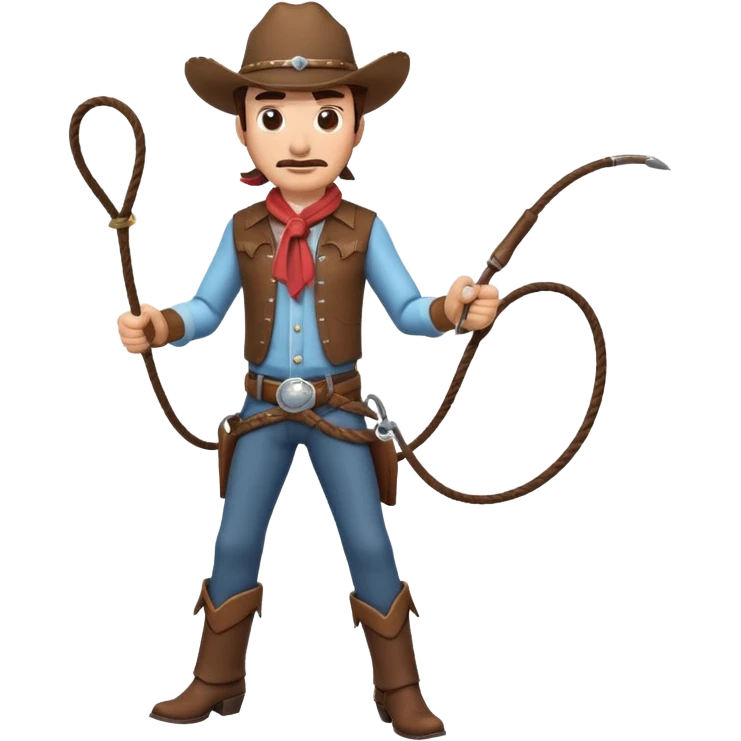 cowboy man holding a whip, dynamic pose, western outfit, adventure vibe, 3D cartoon, mobile game icon style, clean background, no text, no watermark
 emoji