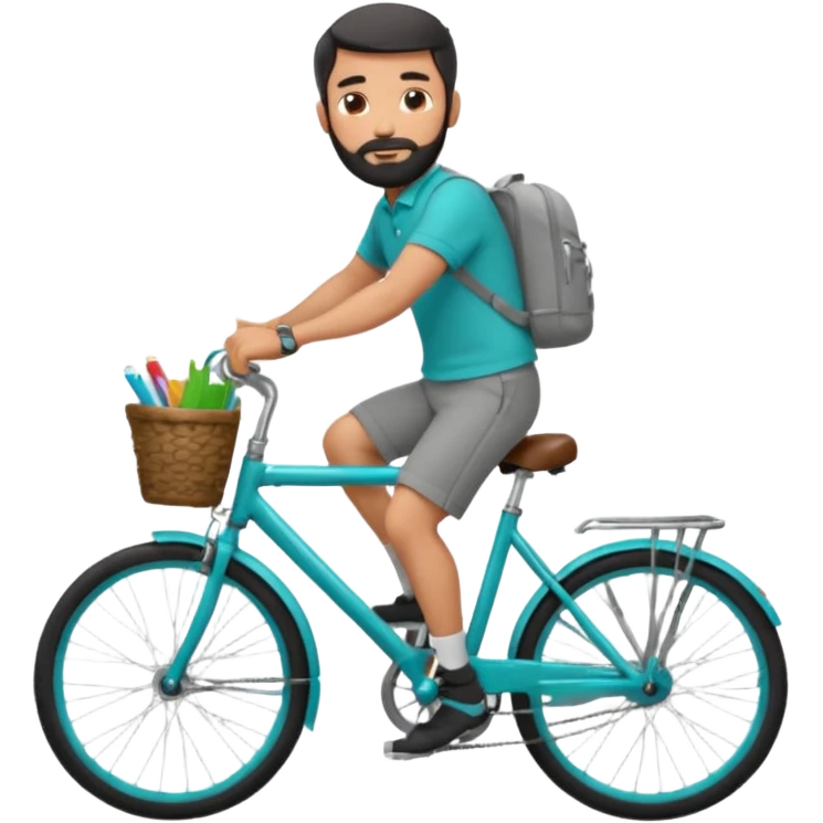 a man with a grey backpack and a torquoise byciycl and he has black shot=rt man hair and a beard with a polo grey shirt and dress pants and hes riding it emoji
