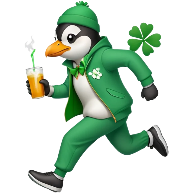 full body friendly anthropomorphised penguin wearing green mafia-style tracksuit, angry, running aggressively, shamrock accessory, no drink emoji