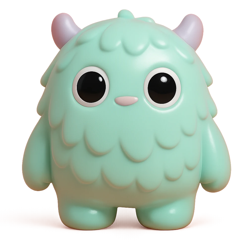 fluffy monster with soft fur texture, big round eyes, small ears, pastel color palette, toy-like emoji