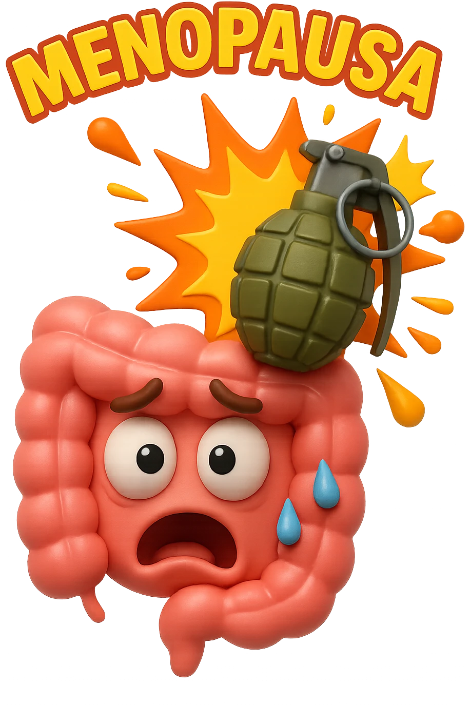 EMOJI STILE IPHONE 3D DI INTESTINO 3D CON ESPRESSIONE SPAVENTATA IN VOLTO MENTRE ACCANTO A LUI SCOPPIA UNA GRANATA 3D CON LA SCRITTA "MENOPAUSA" SOPRA, FAGLI ANCHE LA PARTE BIANCA DEGLI OCCHI, NON SOLO LA PUPILLA emoji