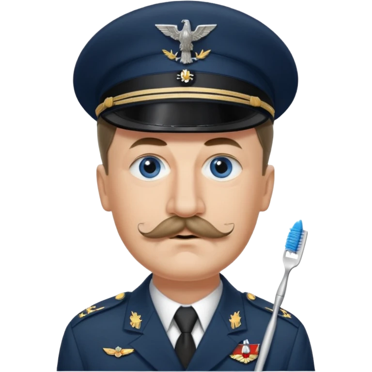 Adolf Hitler had an oval face with fair skin. His eyes were blue and his eyebrows were dark and somewhat bushy. Above his upper lip he wore a small, brush-like mustache, known as a "toothbrush moustache". His emoji