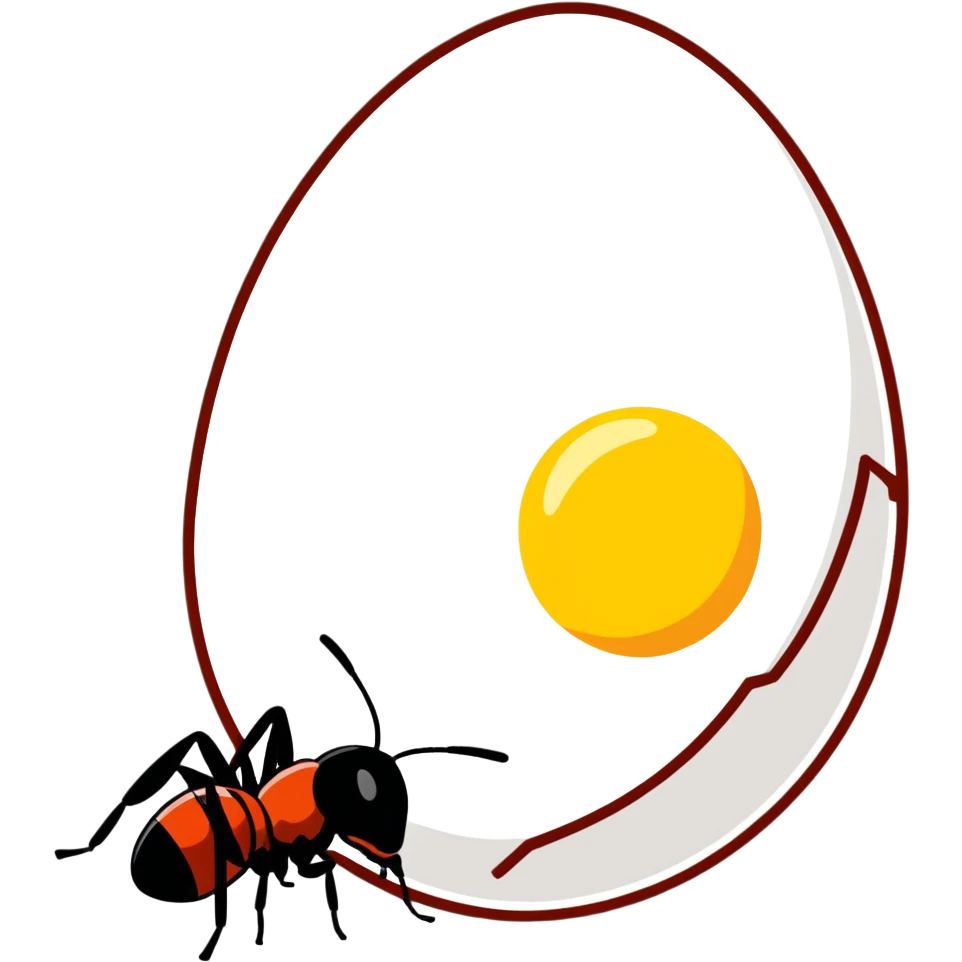 cartoon style twemoji, an egg next to a biological cell, both to the left of an ant, with a darker background emoji