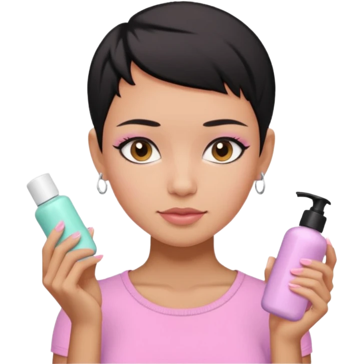 tan girl with no makeup pink shirt with black hair & a pixie, cut no earrings, doing pastel colors skin care emoji