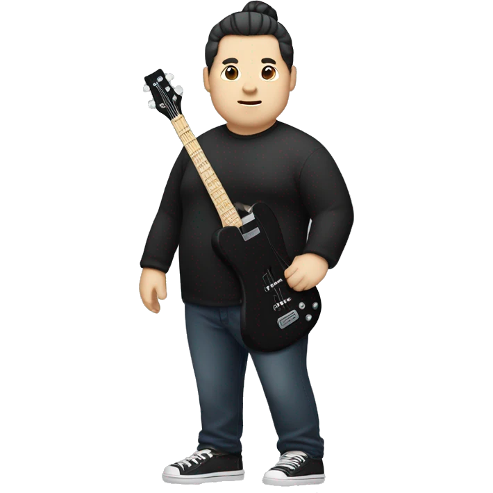 chubby chinese guy with fair skin and man bun and black shirt and bass guitar emoji