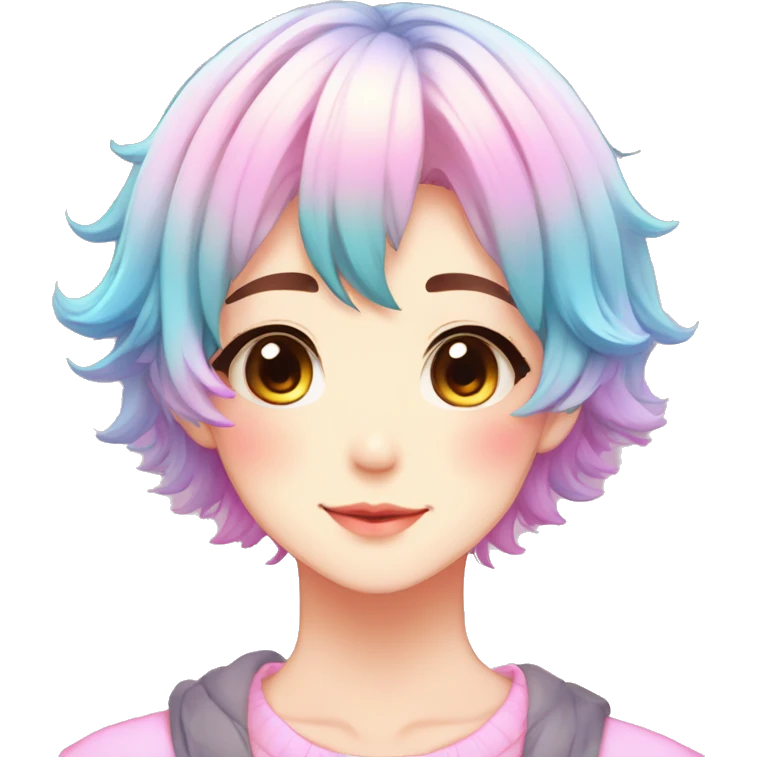 Gorgeous anime style shojo character with blushing face aesthetic and pretty colorful shiny gradient pastel hair with hair garment trending style emoji