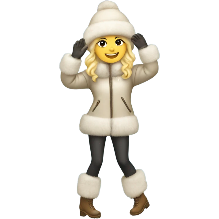 blonde girl in a fur hat dancing in the snow full body fur boots emoji