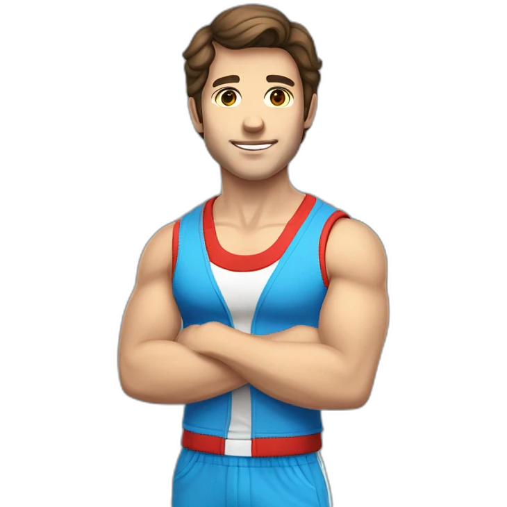 retro 70s blue and red gym clothes for a modern white brunette uni male student with glass emoji