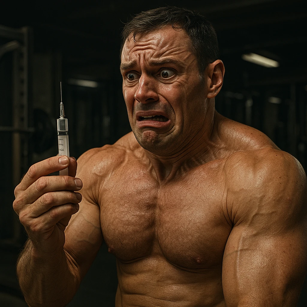  bodybuilder che si fa prendere dalla paura e fa cavolate, come una fiala ogni 2 settimane finisce che sopprimi comunque l'HPT ma senza alcun risultato visibile, iperealistica emoji