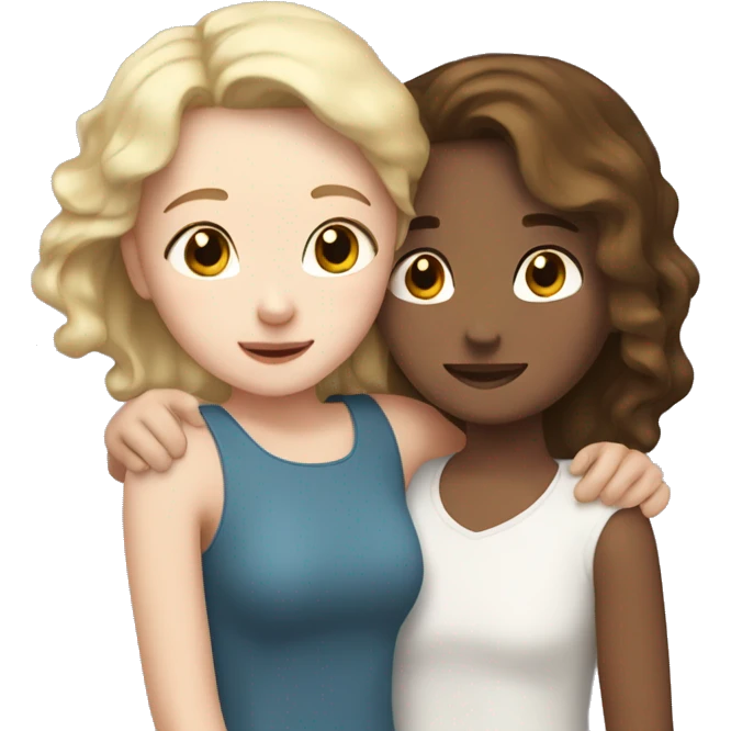 Adult girl with white skin and blond short straight hair hugging teenage girl with white skin and brown wavy hair emoji