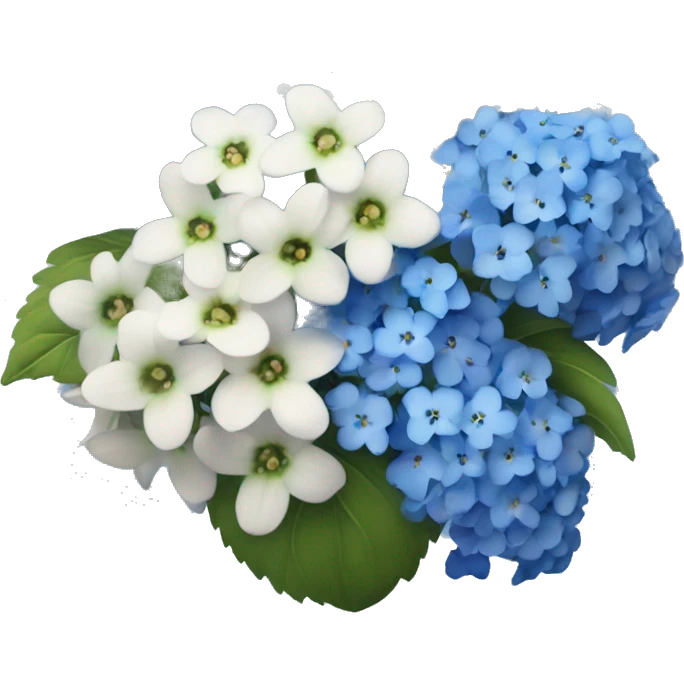 extremely detailed bouquet of baby breaths, delphiniums, forget me nots, and blue hydrangeas  emoji