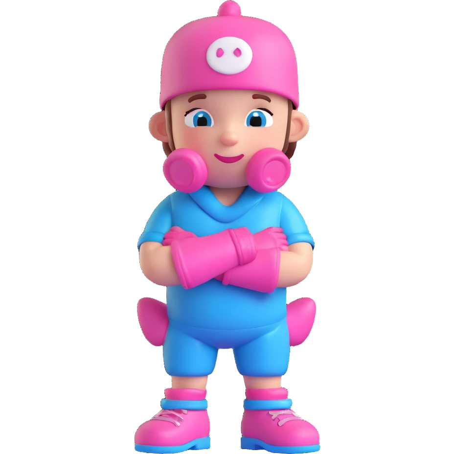 3D cartoon pacifier character, adult version, standing with arms crossed, confident mischievous expression, gloved hands, shoes, baby blue and pink color scheme, transparent background. emoji