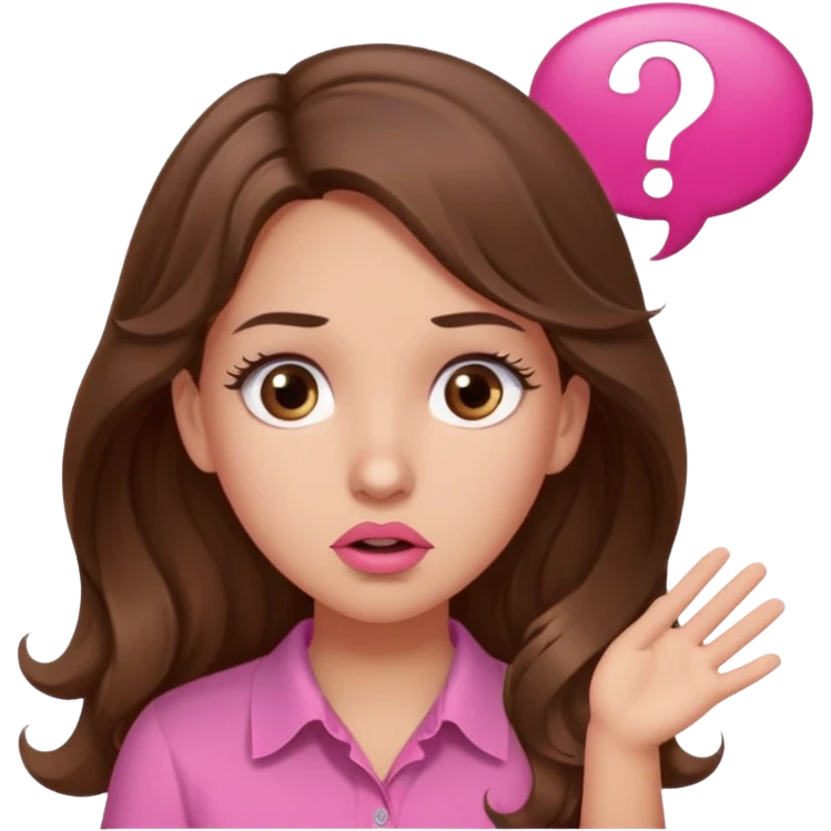 girl with long wavy brown hair, brown eyes, light to medium complexion, in a pink shirt, pink lips, long lashes, confused, question mark one speech bubble emoji