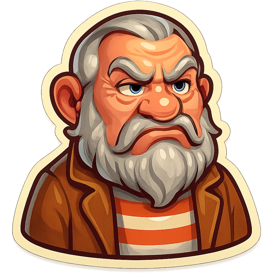 A dwarf with gray hair, a gray mustache, a gray beard, and gray eyebrows. He has blue eyes and wrinkles on his forehead. He is wearing a striped t-shirt and a brown jacket. The dwarf is displaying a disgust emotion. emoji