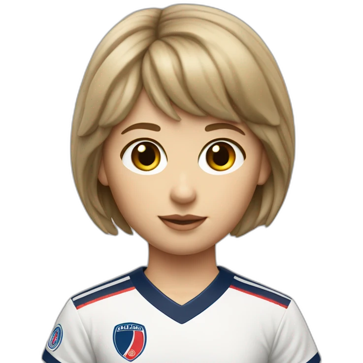 Short dark blond hair fringe girl, with grey eyes, a 1980 PSG jersey and a baguette emoji