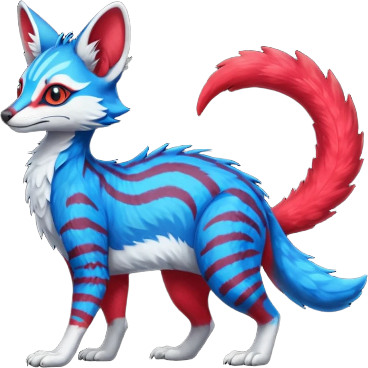 Feral Rare Fantasy vibrant cyan-cobalt-blue-crimson-red-gradients-colored colorful Vernid-Sergal-Genet-Trico-species by LiLaiRa, random markings, tufted tail, tufted ears, full body emoji