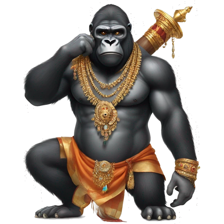 male gorilla with indian male jewellery and  indian traditional wear, holding a  huge weapon, humanoid, holding another  huge weapon  emoji
