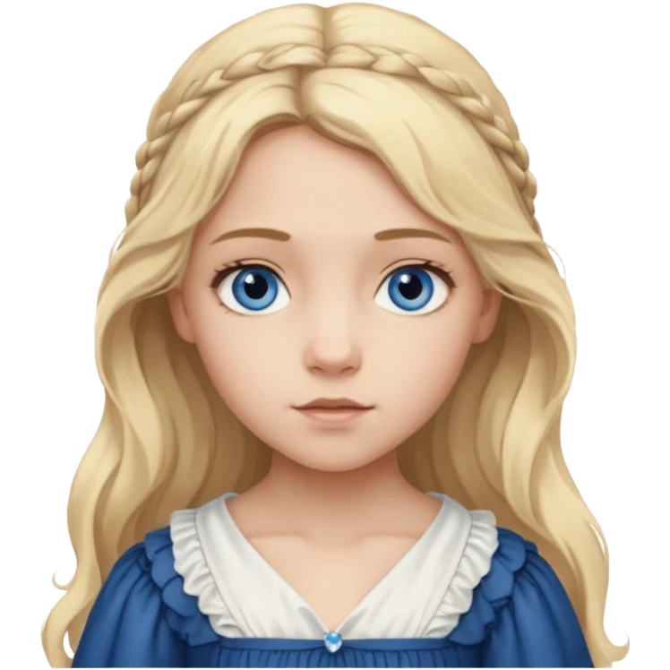 Cosette From Les Miserables with light skin, blue eyes, Blonde long Hair, white outfit emoji