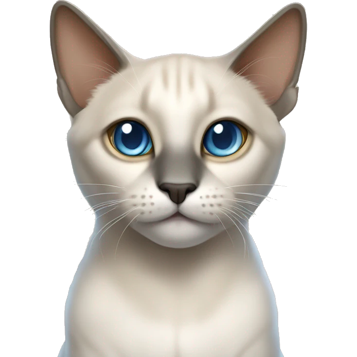 Thai breed adult cat with a light cream-brown body, dark gray nose and face, ears, and paws. sharp ears, and striking light blue eyes  emoji