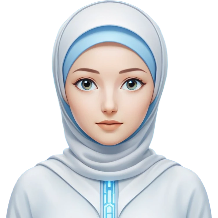 woman with white hijab wearing blue outfit, looking straight ahead, surrounded by futuristic screens showing advanced holographic interfaces, AI visualizations, quantum data patterns, circuit networks, high-tech metaverse elements emoji