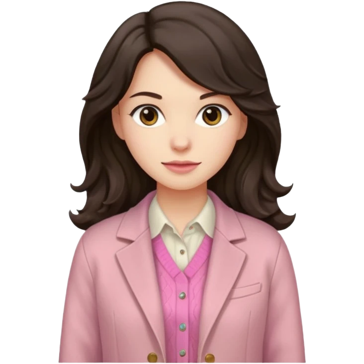 Portrait of woman with dark long wavy hair in white shirt, pink sweater and beige jacket emoji