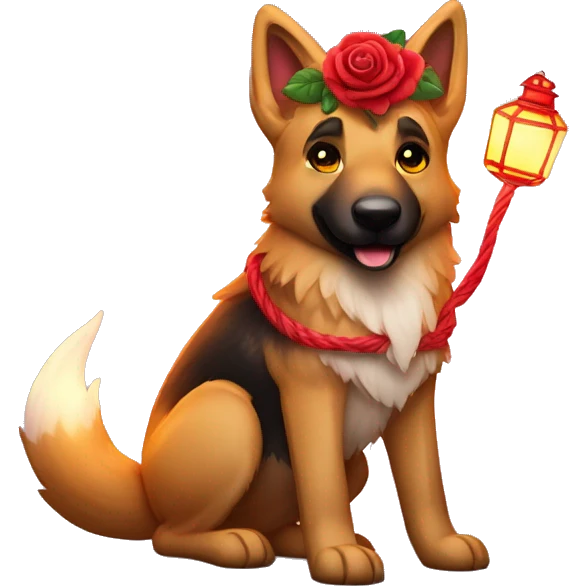 Brindled German shepherd fox carrying glowing red lantern, fairy lights, rose flower crown emoji