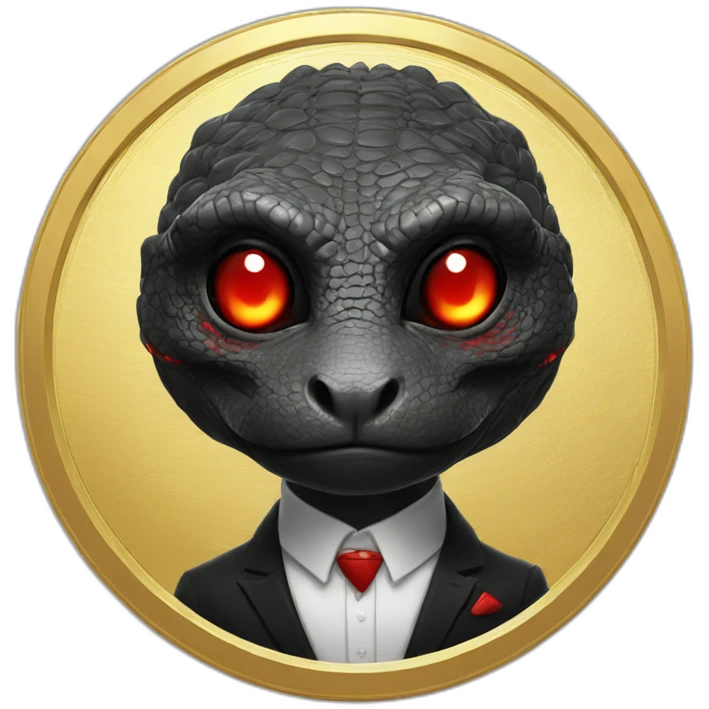 Reptilian with red laser eyes in black suite on the golden coin emoji