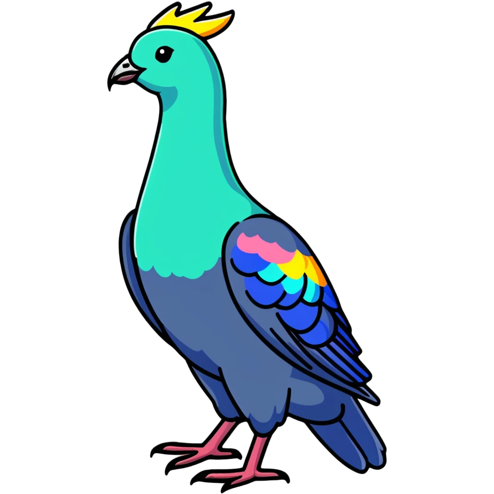 Nicobar pigeon with colorful iridescent feathers, long neck and distinctive white tail emoji