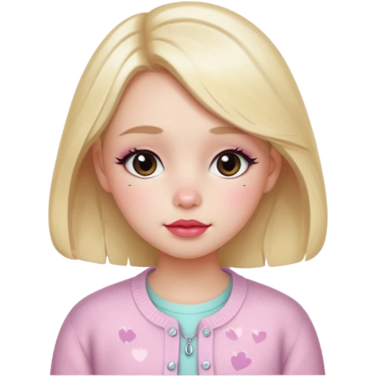 “Emoji girl, dewy skin, flushed blush across cheeks and nose, glossy cherry lips, soft puppy eyeliner, slightly teary sparkling eyes, wearing pastel cardigan.” emoji
