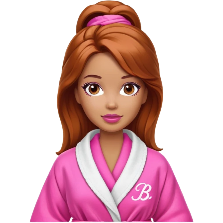 A Barbie face with shoulder-length reddish-brown hair, makeup, a smeared face mask, and a bathrobe. emoji