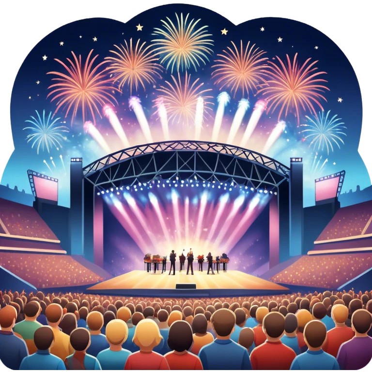 An icon showing a stadium stage with a concert in full swing, bright stage lights illuminating the performers, and fireworks bursting in the sky. The excitement of the crowd is palpable, symbolizing a love for live music and unforgettable shows. transparent background. emoji