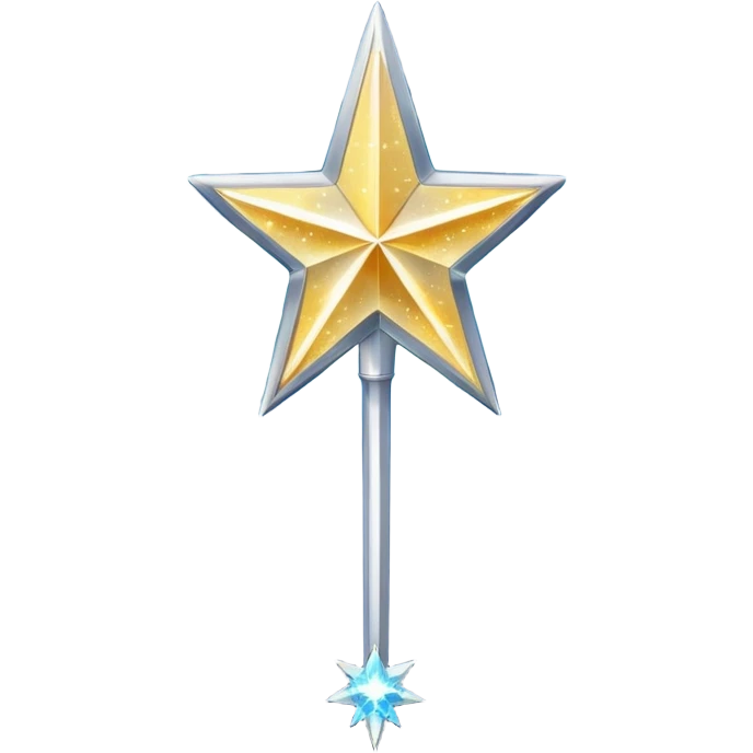 A long slender silver wand topped with a large glittering star, emitting glowing magical sparkles emoji