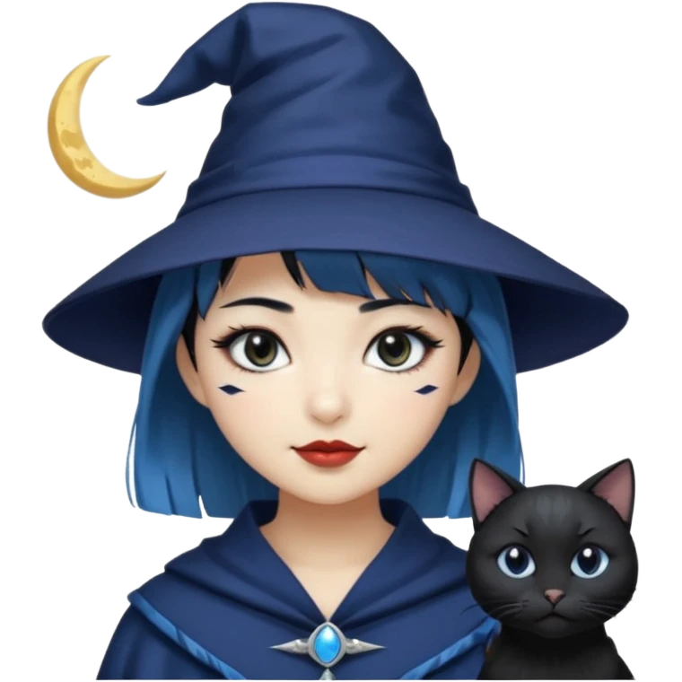 an asian short haired girl with light blue highlighted short raven hair with bangs, with her silver left eye and dark brown right eye, with black cat eyed style eyeliner, and smirk of natural toned lipstick, with dark navy wizard hat with moon emblem on his hat. emoji