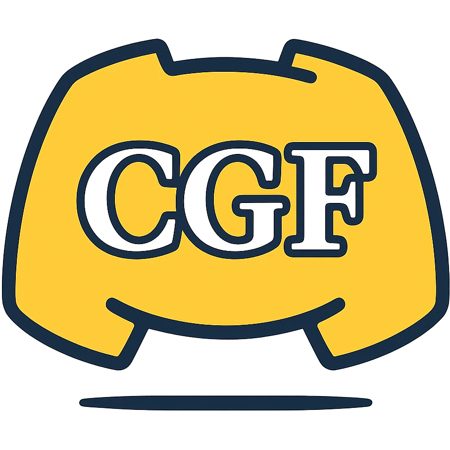 Discord emote, 'CGF' in a traditional serif font, white fill, white border, elegant and simple, transparent background, 128x128 emoji