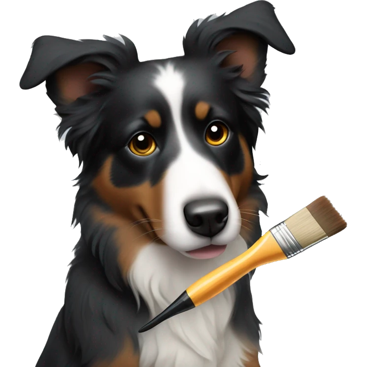 Small black australian shepherd dog with paintbrush  emoji