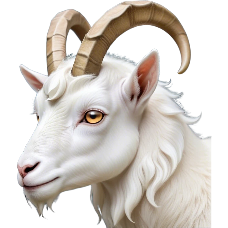 Cinematic Noble White Goat Portrait Emoji, Poised and regal, with a sturdy, agile build and a pristine, smooth white fur accented by gracefully curved horns, deep-set soulful dark eyes, Simplified yet sharp and sophisticated features, highly detailed, glowing with a soft, dignified glow, high shine, intelligent and spirited, stylized with an air of pastoral elegance, focused and attentive, soft glowing outline, capturing the essence of a watchful and confident goat, so majestic it feels as though it could leap out of the screen with effortless authority! emoji