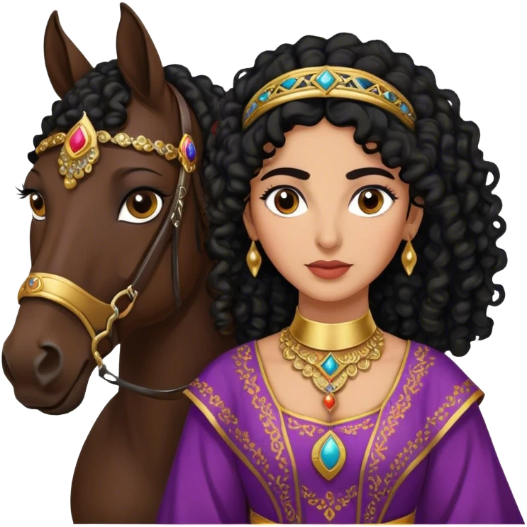 Middle Eastern woman with black curly hair and well defined eyebrows wearing a traditional dress holding into a horse  emoji