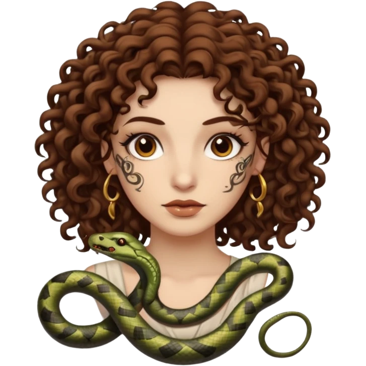 Sexy brown eyes, white skin, brown curly hair, with tattoo, mystic vibe, with snakes  emoji