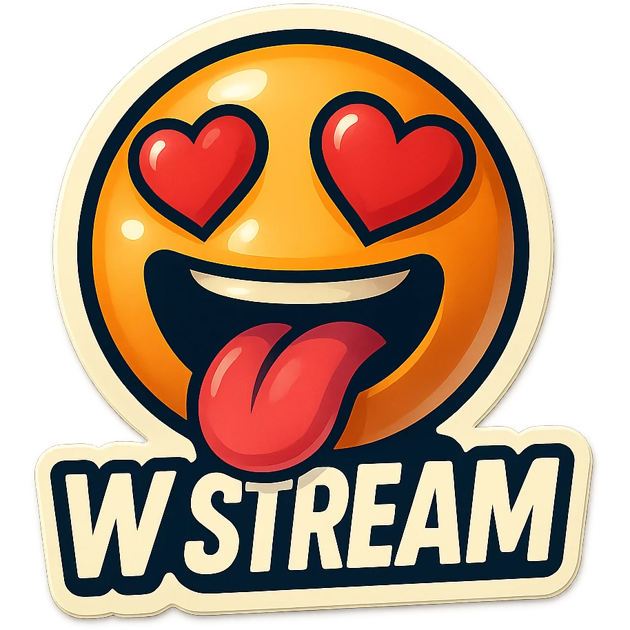 mouth open with tongue out heart shaped eye add the words “ W Stream " in White emoji