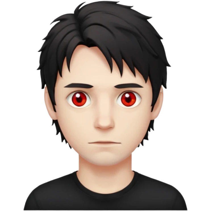 Парень с бледной кожей и красными глазами,  чёрные растрёпанные волосы до ушей, в черной футболке  emoji