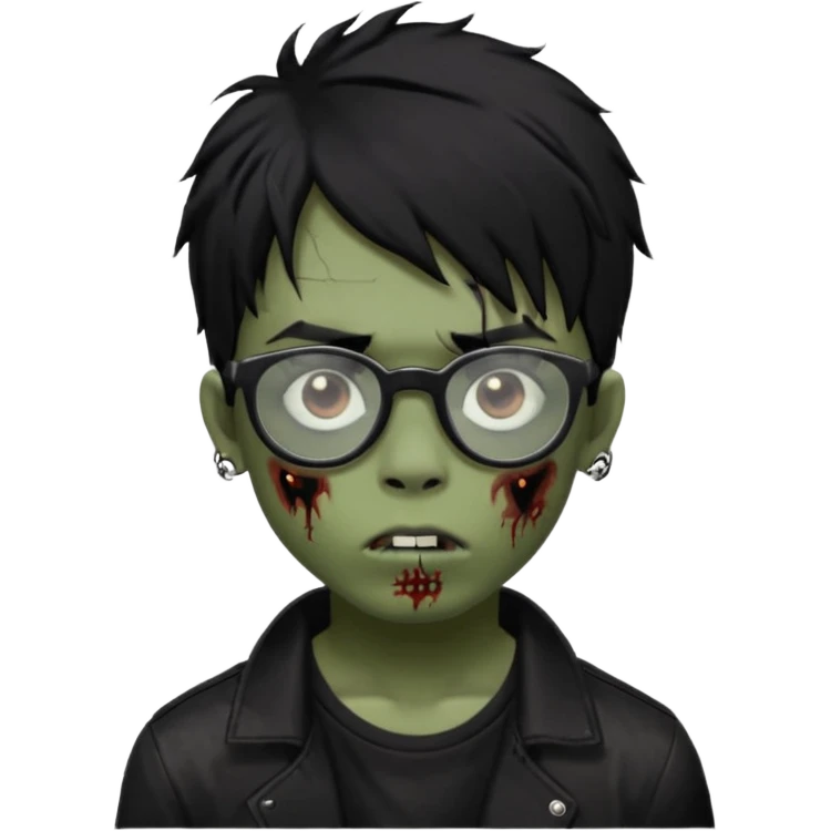 Boy, zombie, black hair, medium long, emo, shaggy, dark, spooky, creepy expression emoji, add dolce gabanna glasses, a risk on the eyebrow, some tattos  emoji