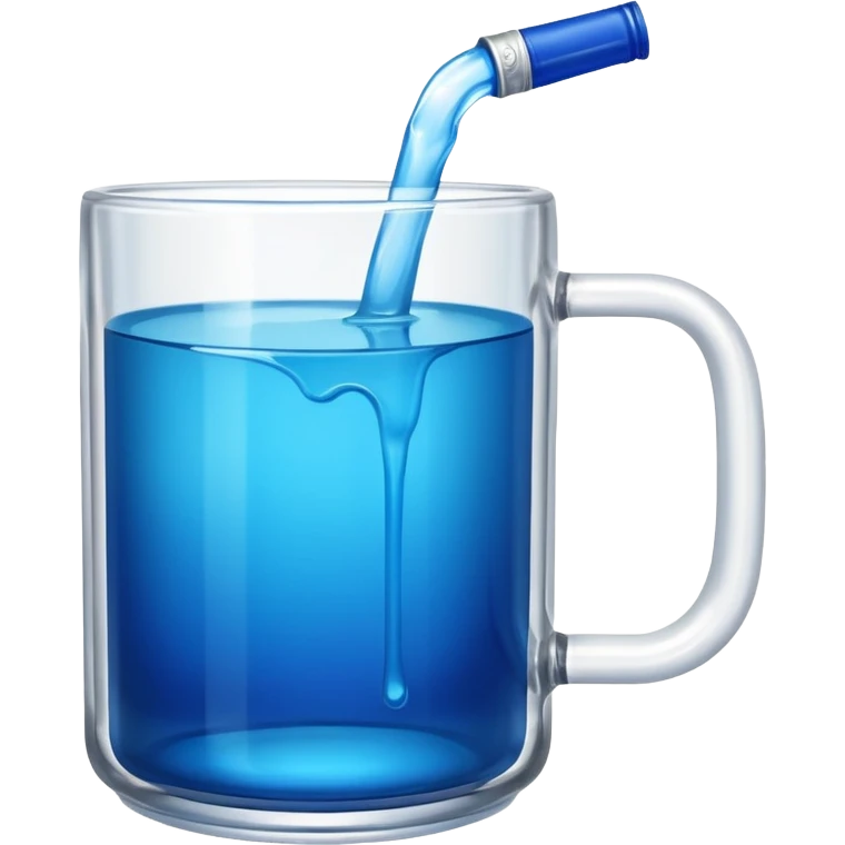 A large clear glass mug with a bright blue liquid inside.  Make the mug thicker and white/clear, not blue. beer stein. Handle is not blue. The walls of the mug are very thick and white. Only one handle. No actual beer. Can of redbull sticking out of too emoji