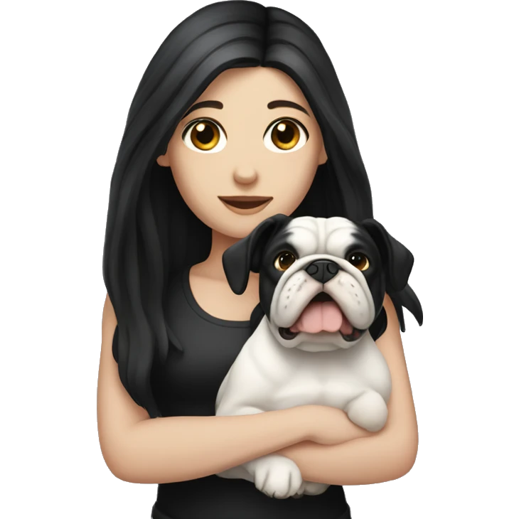 white girl with long black hair holding a white and black bulldog emoji