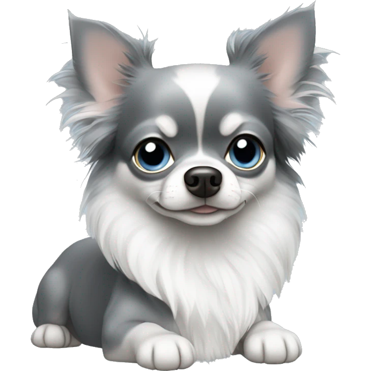 All grey long hair chihuahua with white ear tips blue eyes emoji