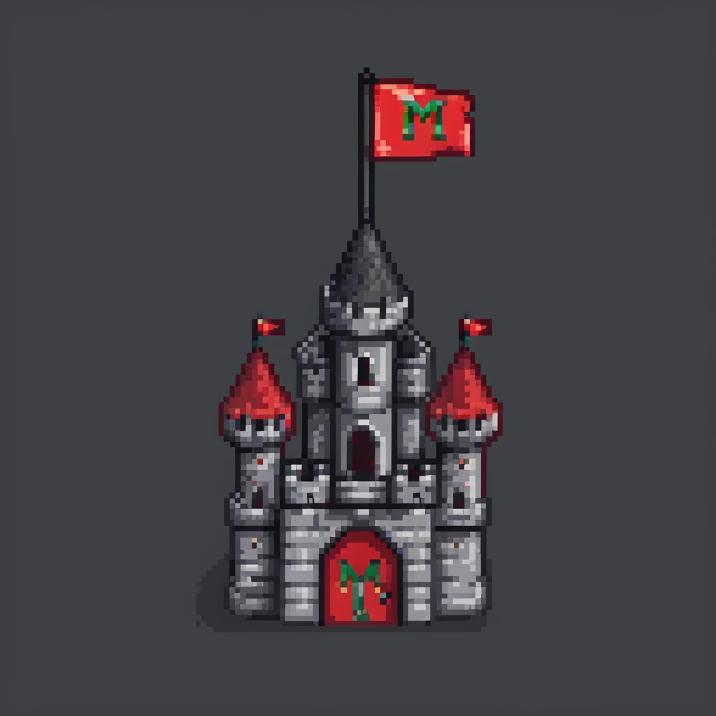 black and red castle with a flag that has the letter M drawn on it emoji