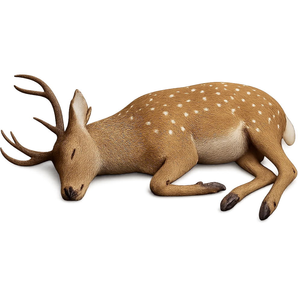 Make the deer appear dead, lying on its side, with no background. Preserve the original style and details of the deer in the image. emoji